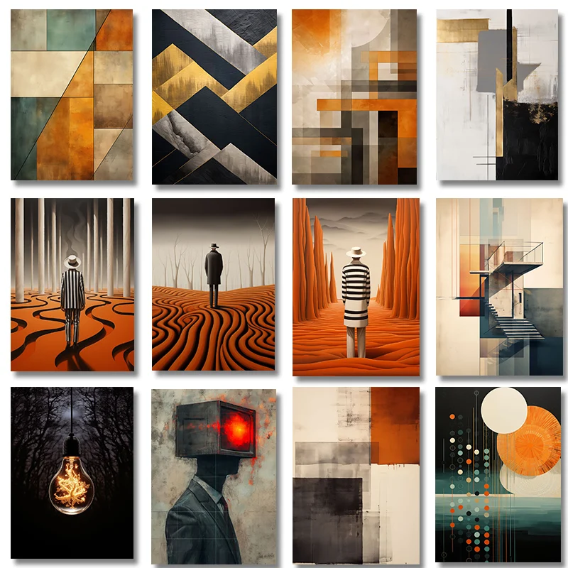 1PC--Abstract Lonely Man Poster Art Building Contemporary Minimalism Light Bulb Tree Nature Canvas Painting  Living Room Home
