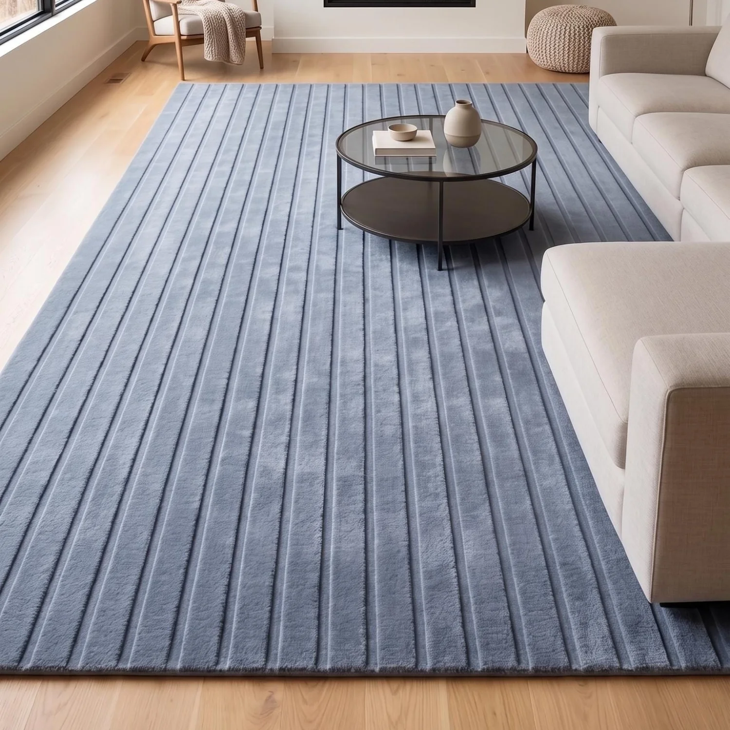 Room Decor Rug  H1andmade Tufted Wool Rug, Light Blue Ribbed Modern Carpet, Minimalist Living Room DE1cor