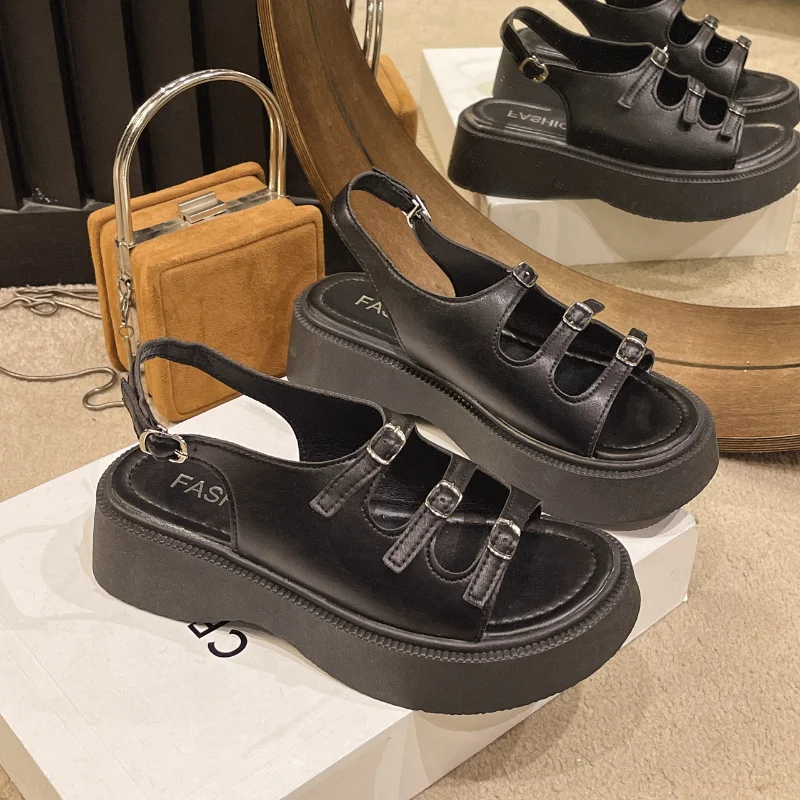 

Women's Vintage Style Elevated Open Toe Beach Sandals Versatile Casual Roman Sandals Leather Soft Soled Metal Buckle Sandals