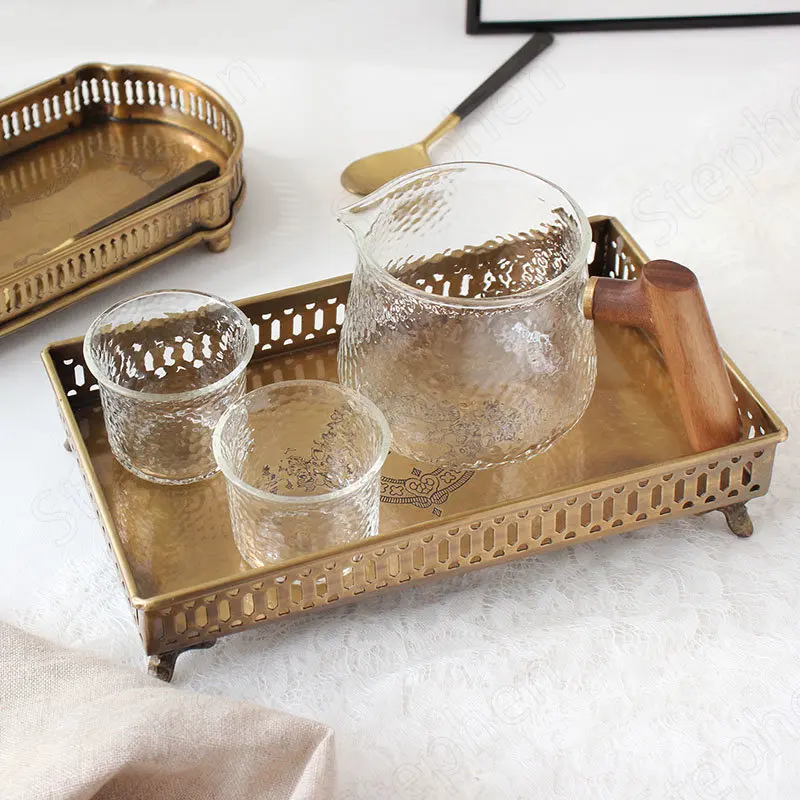 Embossed Vintage Brass Storage Tray American Luxury Rectangle Candy Snack Display Plate Hollowed Tea Cup and Wine Storage Trays