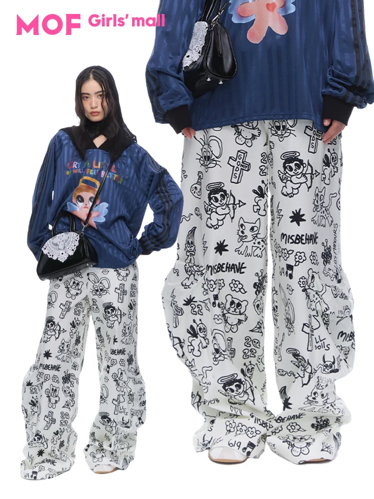 

MOF Girls Casual Wide Leg Pants Black Print Lightweight Summer Walking Trousers Big Pocket Leisure Workwear Cotton Blend