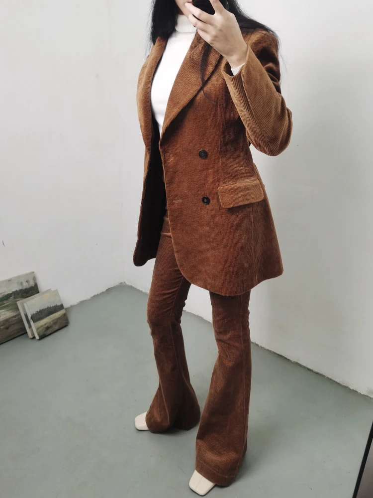 

TIYIHAILEY Women Corduroy Jackets And Pants Set Outerwear Long Sleeve High Quality Turn Down Collar Coat Brown Flare Trousers