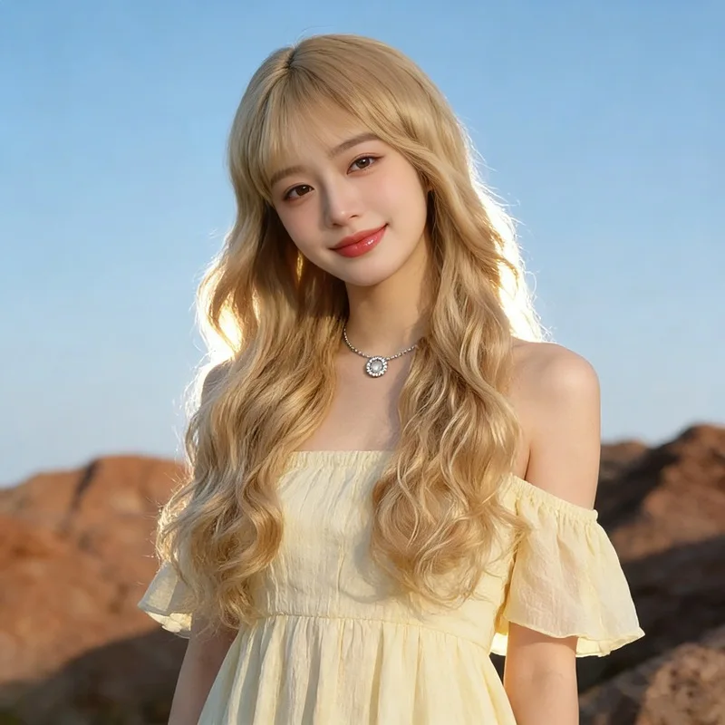 Women's Wig with Air Bangs, Golden Big Wavy Long Curly Hair, Fluffy and Breathable Full Headpiece