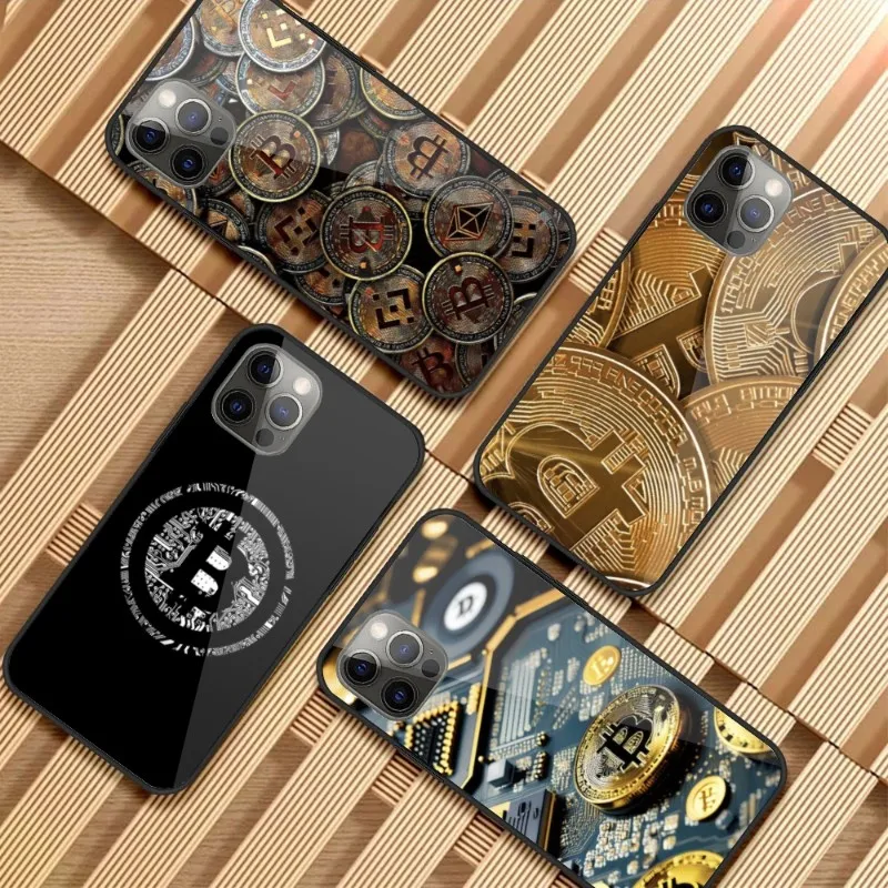 Bitcion Virtual Currency Phone Case for iPhone 14 13 12 11 XS X 8 7 6 Plus Mini Pro Max SE 2022 PC Glass Phone Cover Funda