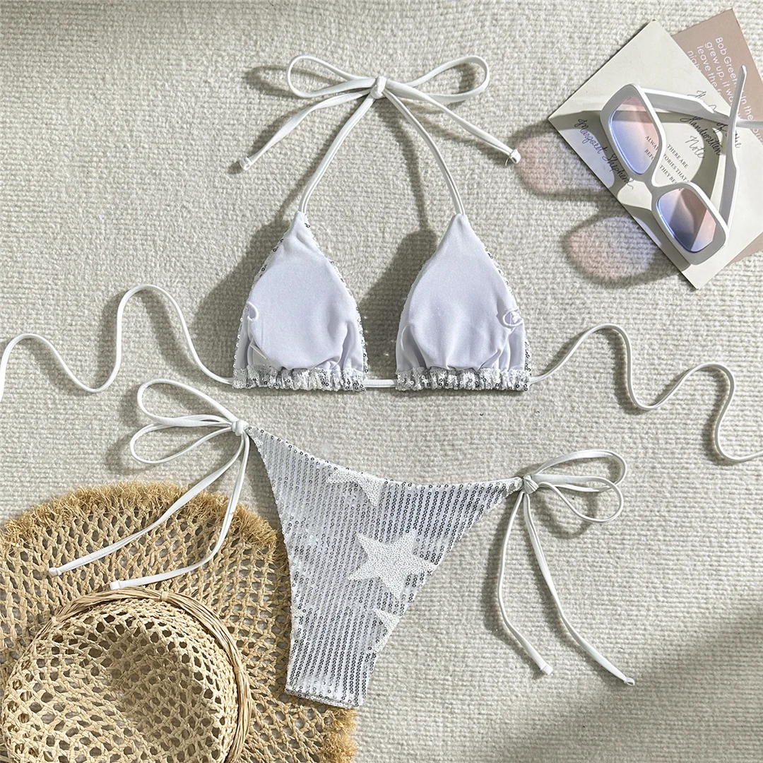 Neuer glänzender Bikini mit Pailletten, Neckholder und hohem Beinausschnitt, Damen-Badeanzug, zweiteiliges Bikini-Set, Badebekleidung, Badeanzug, Schwimmanzug V5825 – Detail 20