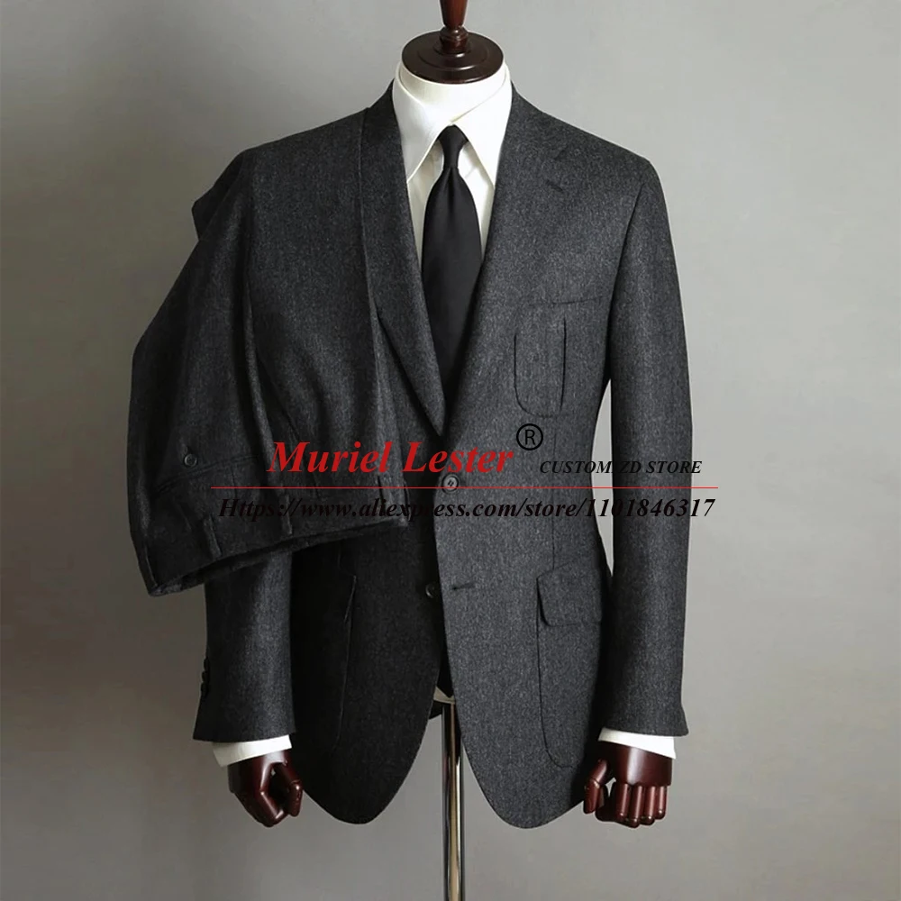 

Black Business Men Suits Tailor-Made 2 Pieces Blazer Pants Single Breasted Jacket Tweed Wollen Blend Thick Formal Groom Tuxedos