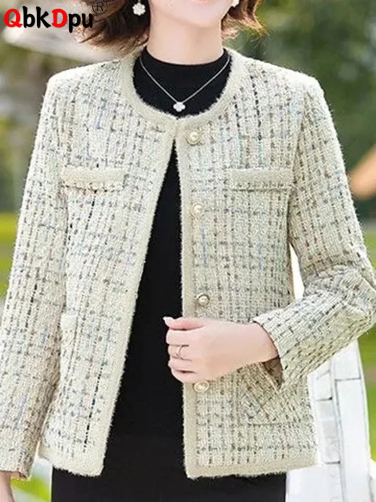

Women Chic O-neck Plaid Tweed Mom Jackets Tops Korean Woolen Single Breasted Abrigos Spring Fall Wool Blend Long Sleeve Coats