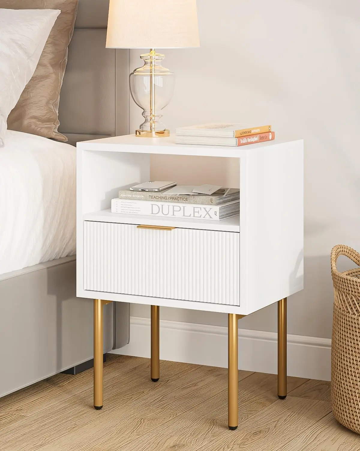 

Nightstand,Mid-Century Modern Bedside Table with Storage Drawer and Open Wood Shelf,Small Gold Frame Side Table for Bedroom