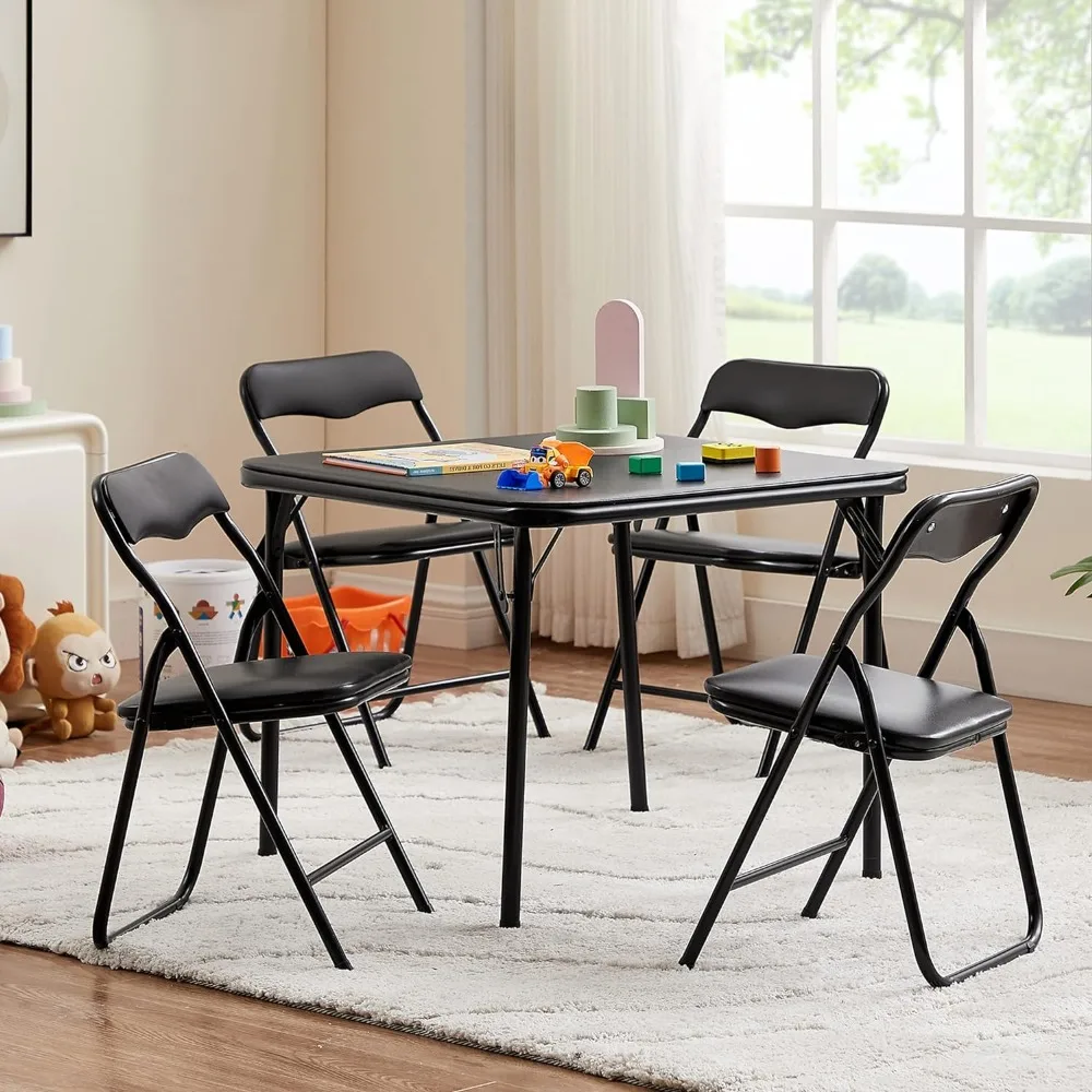 Vecelo Kids Opvouwbare Activiteit Tafel En Stoelen 5 Stuks, Draagbaar, Met Ultra Zachte Pu Gewatteerd Kussen, 5 Delige Set, Zwart