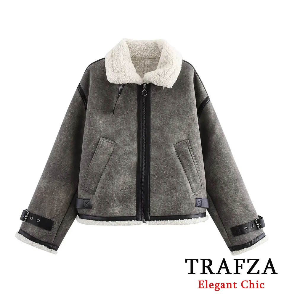 TRAFZA Frauen Herbst Winter Fleece Gefüttert Mantel Revers BeltLoops Jacke Mantel Neue 2024 Mode Klassische Straße Vintage Jacke Mantel