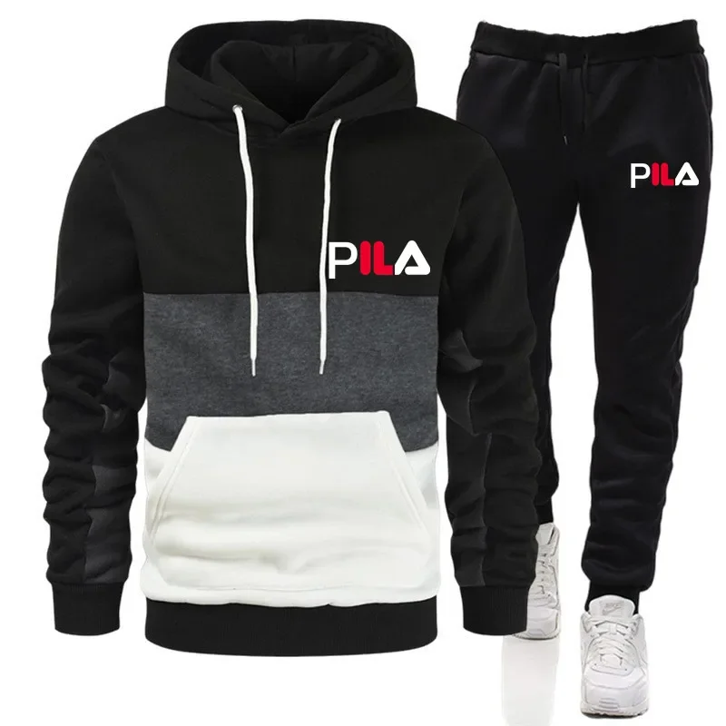 Fashion Mens Print Hooded Sweatshirts+Sport Pants 2-piece set Gym Outfits Casual Jogging Patchwork color Hoodie Coat Set