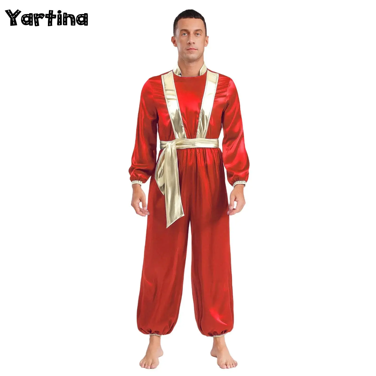 

Mens Arabian Prince Fairy Tale Cosplay Outfits Arab King Halloween Costume Shiny Metallic Long Sleeves Back Zipper Gold Suits