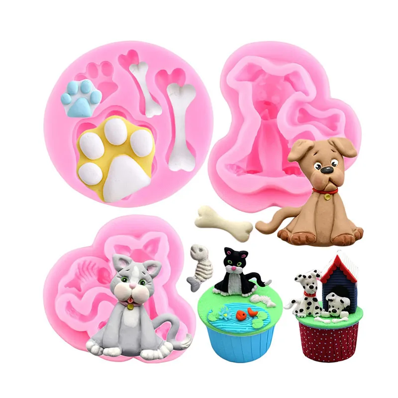 3PCS Cat Dog Paw Bone Silicone Fondant Mold For Cupcake Topper Cake Decorating Cartoon Animal Chocolate Candy Clay Gum Paste