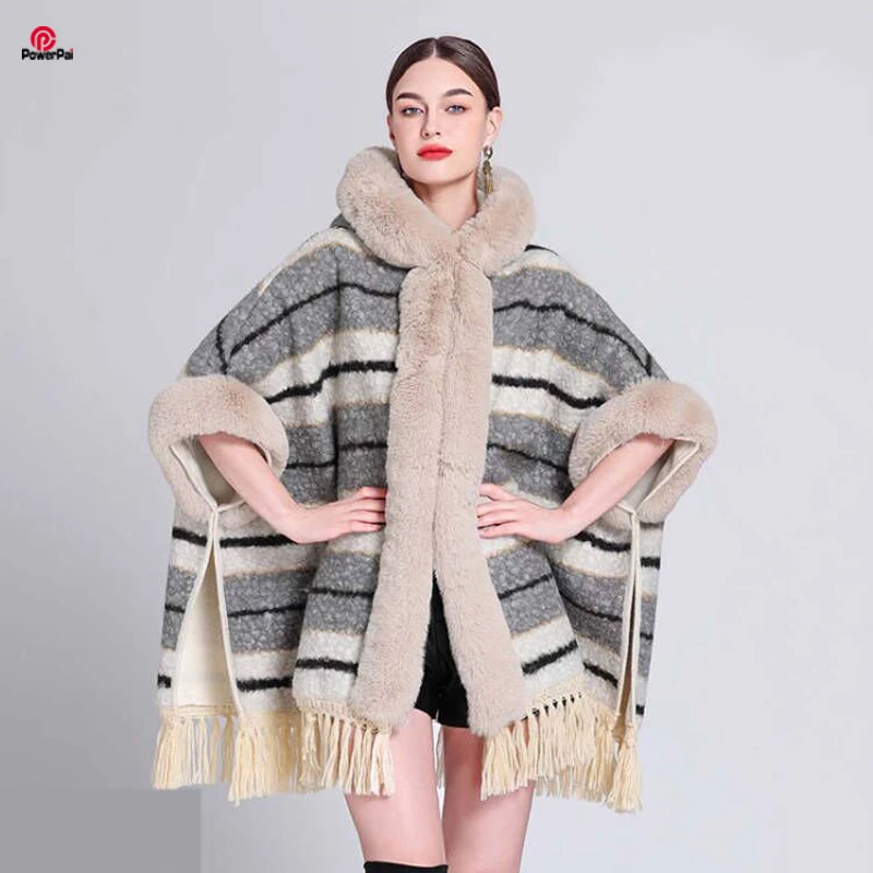 

Fashion Warm Imitate Lamb Wool Cloak Overcoat Hood Women Faux Fur Cape Coat Long Thick 2023 Winter New