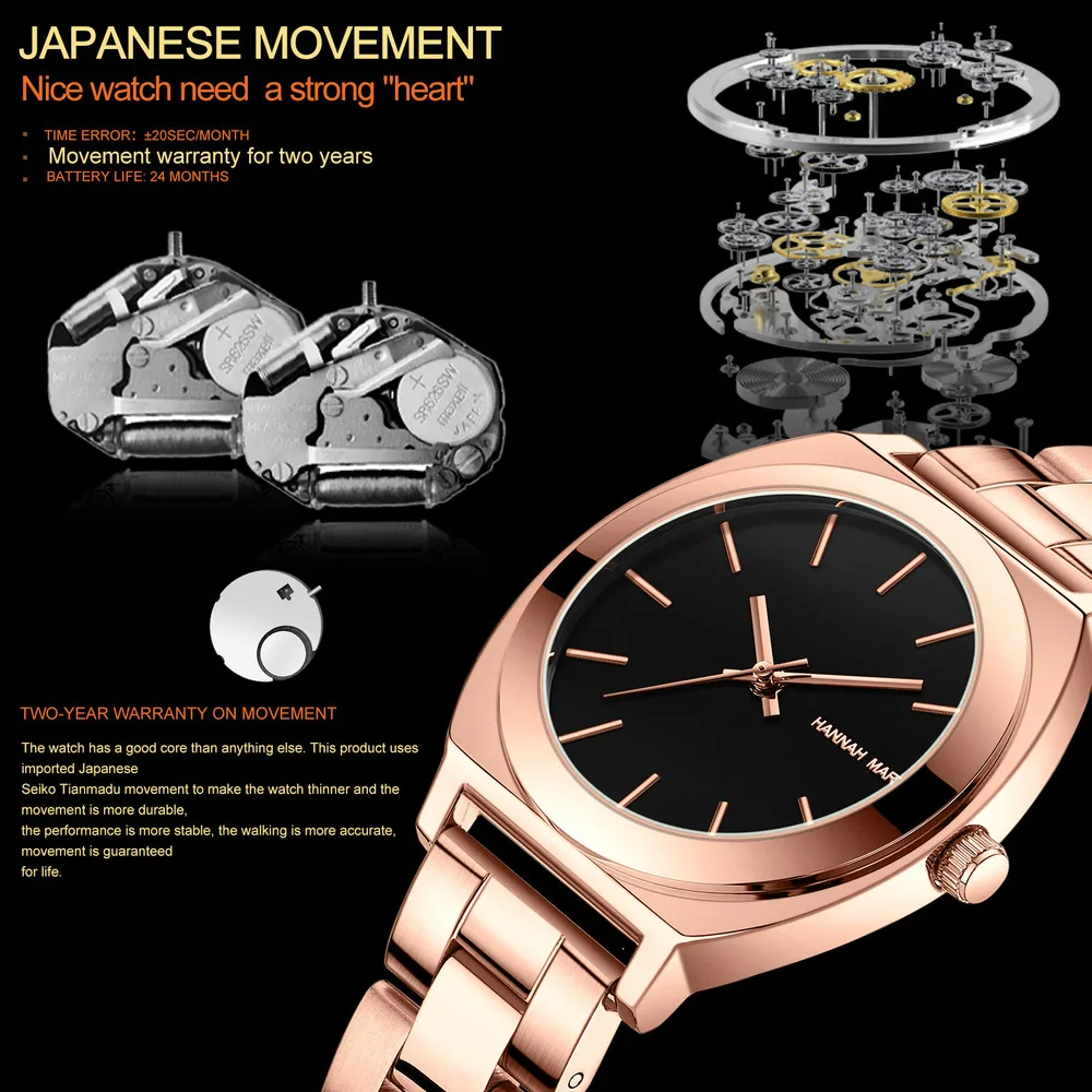 HANNAH MARTIN Watches for Women Wine Bucket Type Japan Quartz Movement Waterproof Precision Steel Chain Women Watch Reloj Mujer