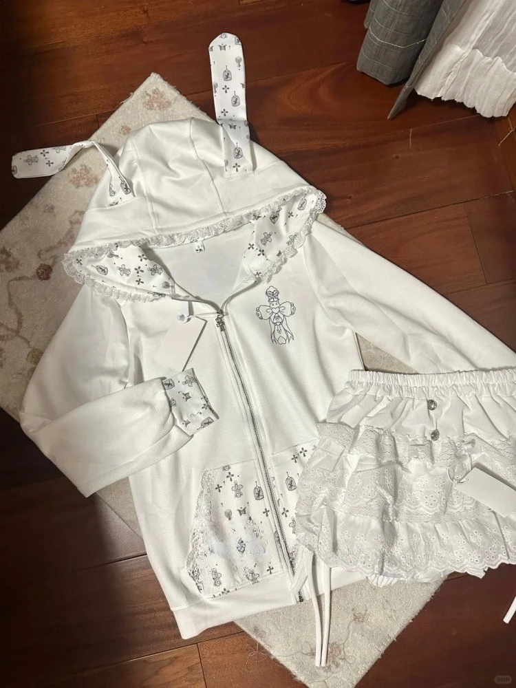 

Kawaii Sweet Preppy Style Женские комплекты из 2 предметов Дизайнерские топы с капюшоном и длинными рукавами с принтом + юбка-торт Модная сказочная милая одежда Осень