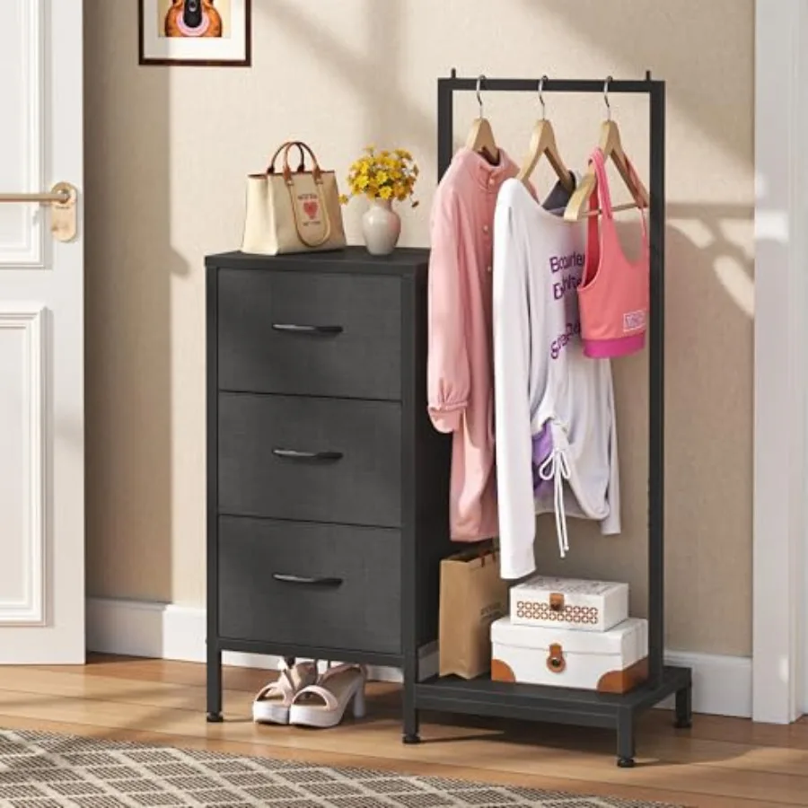 

Bedroom Dresser with Hanging Rack and 3 Drawers in Black - Space-Saving Storage Solution