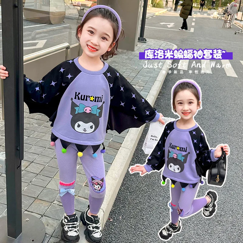 

2024 Sanrio Kuromi Girls Long-Sleeved Hoodie Sweatpants Kawaii Anime Autumn Children Clothes Cute Cartoon Two-Piece Set Kid Gift