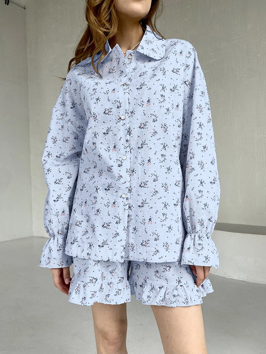 Mathaqiqi Loose Home Clothes For Women Long Sleeve Nightgowns Turn-Down Collar Pajamas Shorts Casual Women Nightie 2 Piece Suit