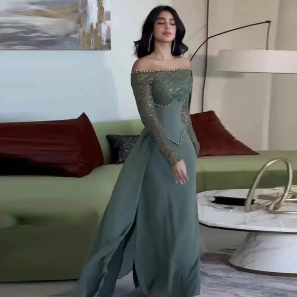 

Customized Corset Evening Dress with Overskirt Off the Shoulder Long Sleeve Wedding Guest Party Gown Fitting Prom Wear