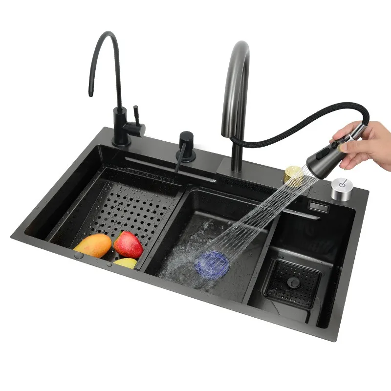 Kitchen Feiyu Waterfall Sink, Large Single Sink Under Counter Basin Thickened 304 Stainless Steel Vegetable Basin