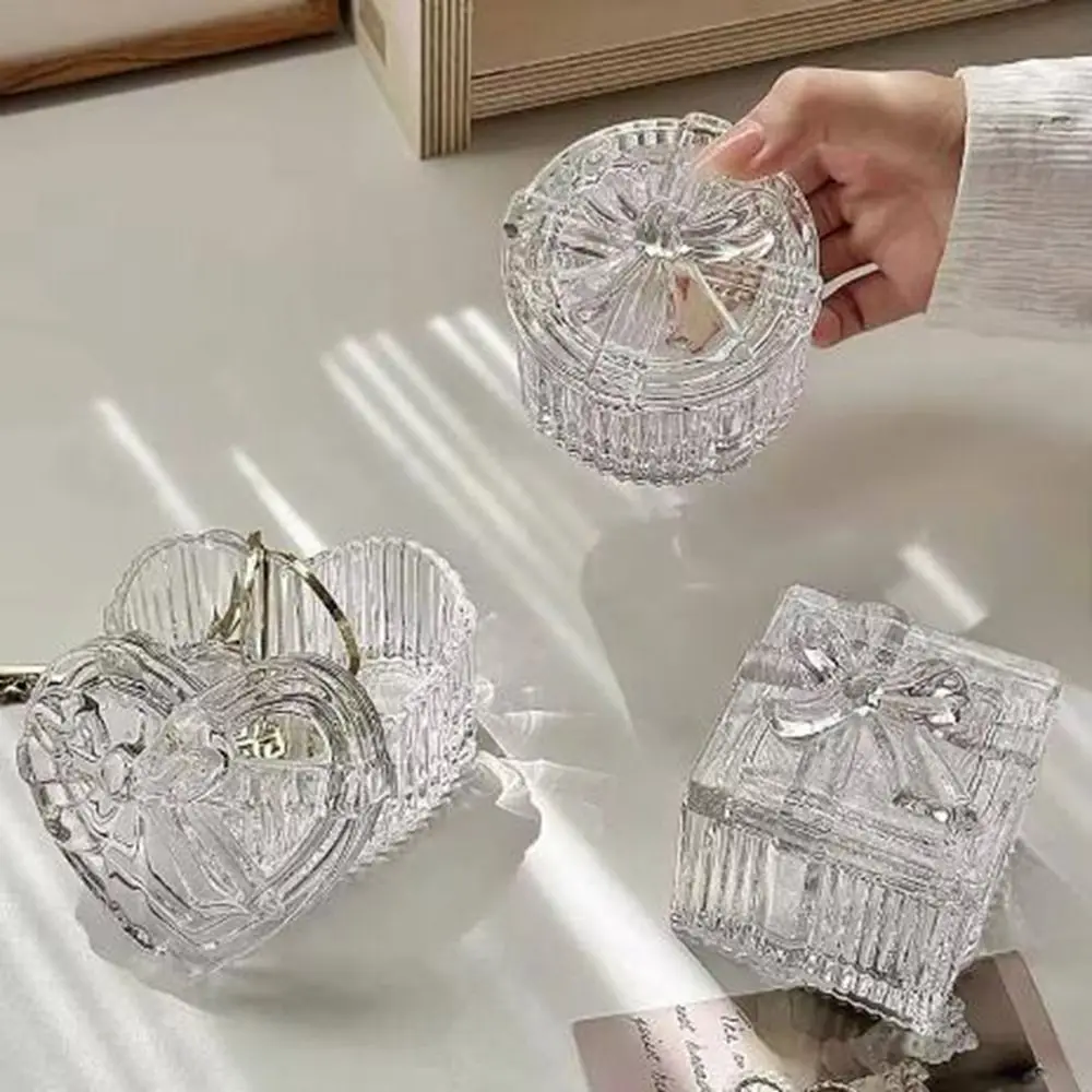 

3Pcs Transparent Crystal Glass Jewelry Storage Box Exquisite Heart-Shaped Bowknot Mini Storage Jar with Lid Decorative