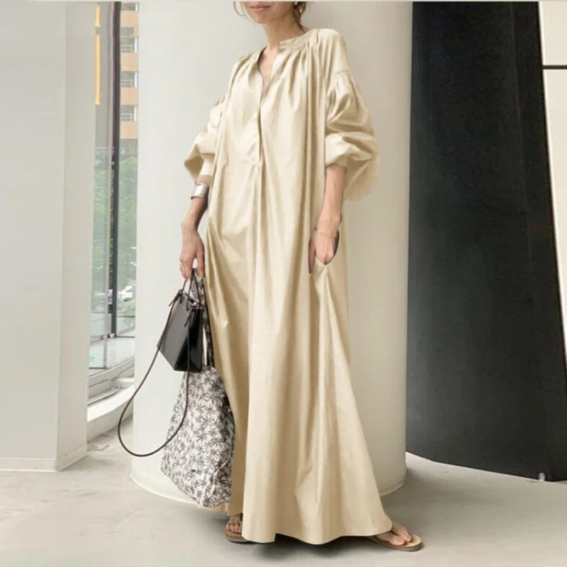 2023 Chic Temperament Commuting Colorful Cotton Loose Lantern Sleeve Loose Large Train Skirt Dress Vintage Dress