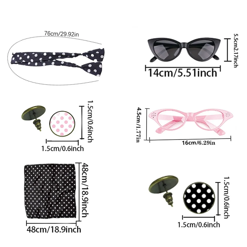 PESENAR Conjunto de acessórios de fantasia feminino dos anos 50, lenço de chiffon, bandana de bolinhas, faixa de cabeça retrô, óculos de olho de gato