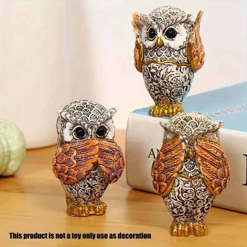 3 pieces resin owl statues, decorative crafts for various room types, indoor use, no electricity required