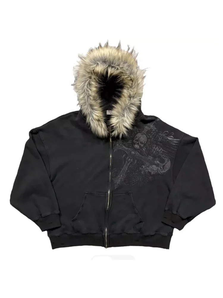Outono Inverno Y2k Estilo Harajuku Feminino: Novas Blusas com Capuz e Gola de Pele Sintética, Estampas Gráficas Hip Hop Punk Gótico com Zíper 2026