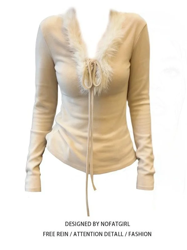 

plus Size Women's V-Ne T-irt with Fur Collar And Belted Boting irt Spring Autumn Long Sve Commute Sle Slim Fit