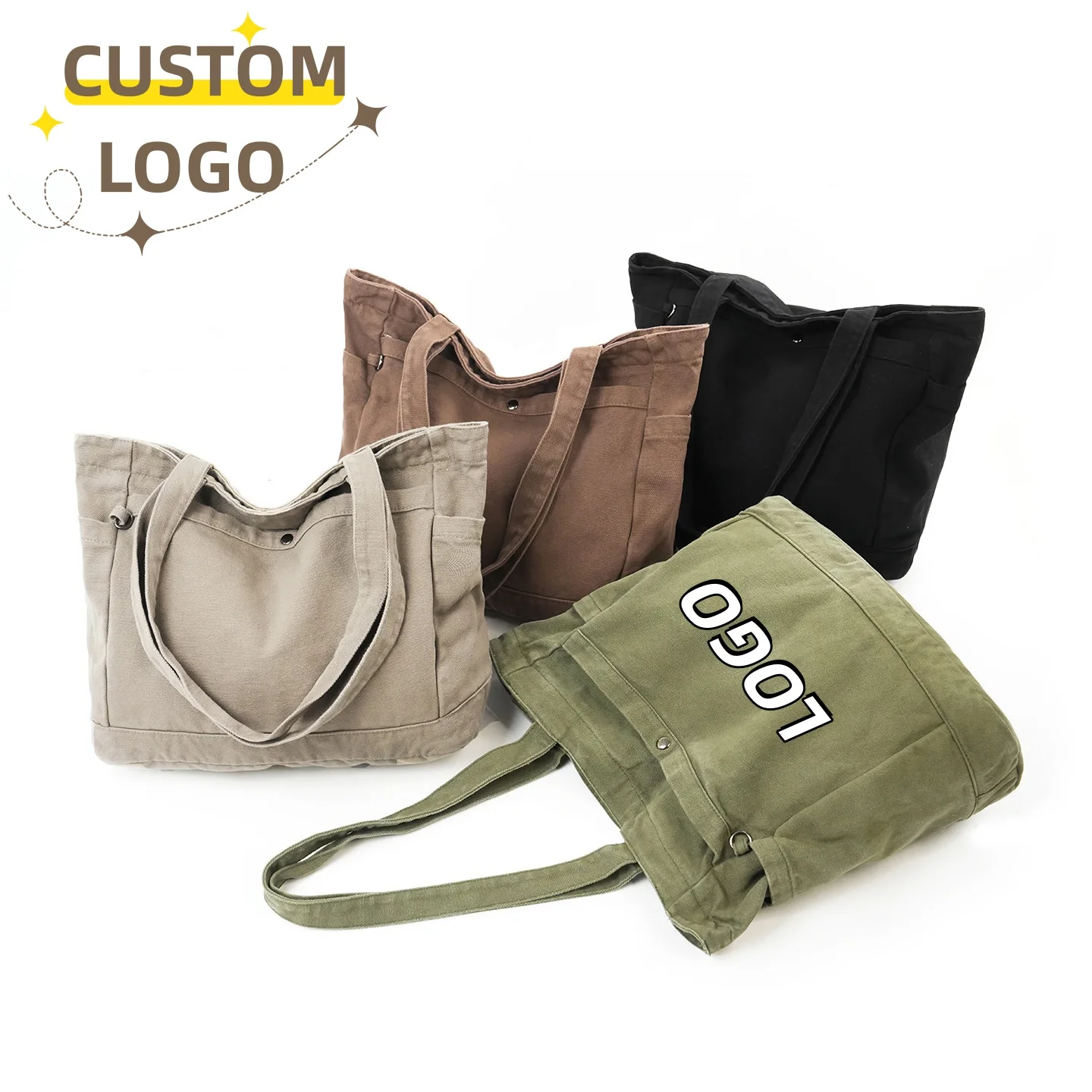 

Custom Print Canvas Tote Bag Soft Washed Cotton Shoulder Bag Multi-pocket Handbag with Customizable Vintage-Style Shoulder Bag