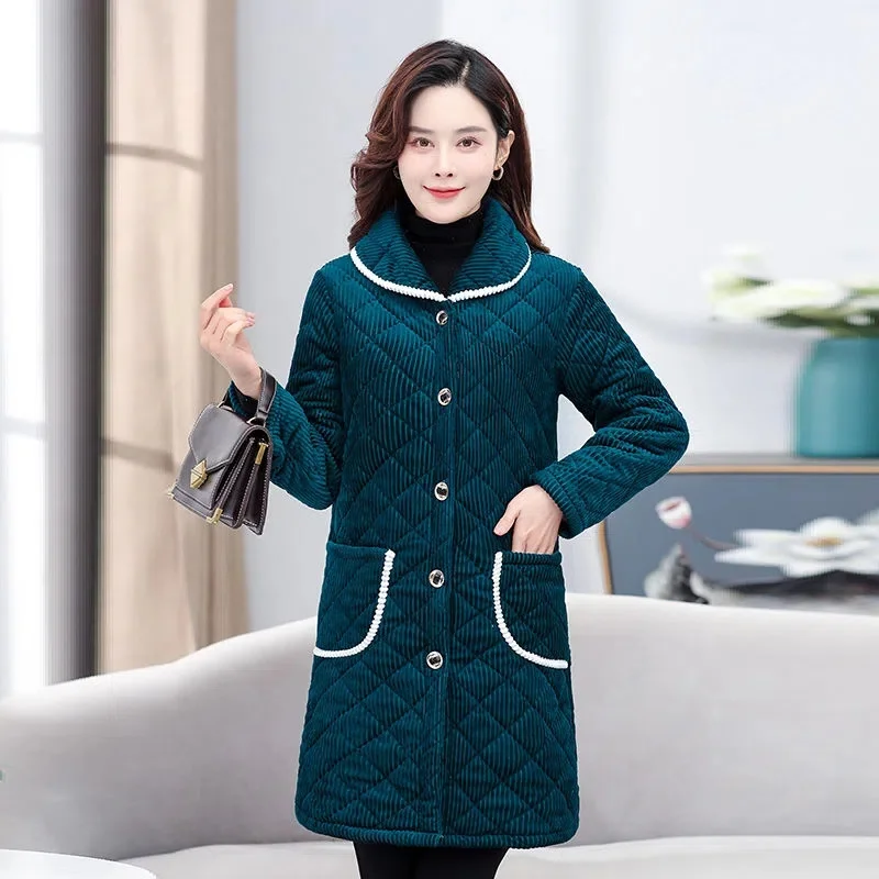 Corduroy Padded Jacket Middle-Aged And Elderly Mother\'s Fleece Coat Loose Mid-Length Quilted Coat Women Autumn Winter Coat