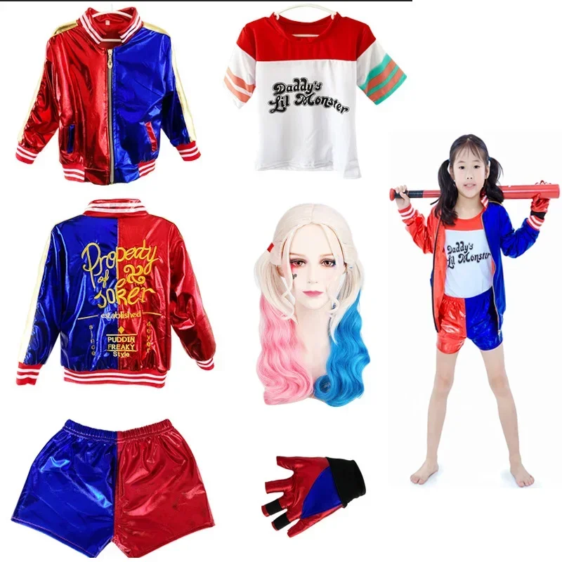 Harley Costumes Cosplay Carnival Suicide Alerquina Quinn Squad Costumes Kids Girls T Shirt Jacket Suit With Wig Gloves