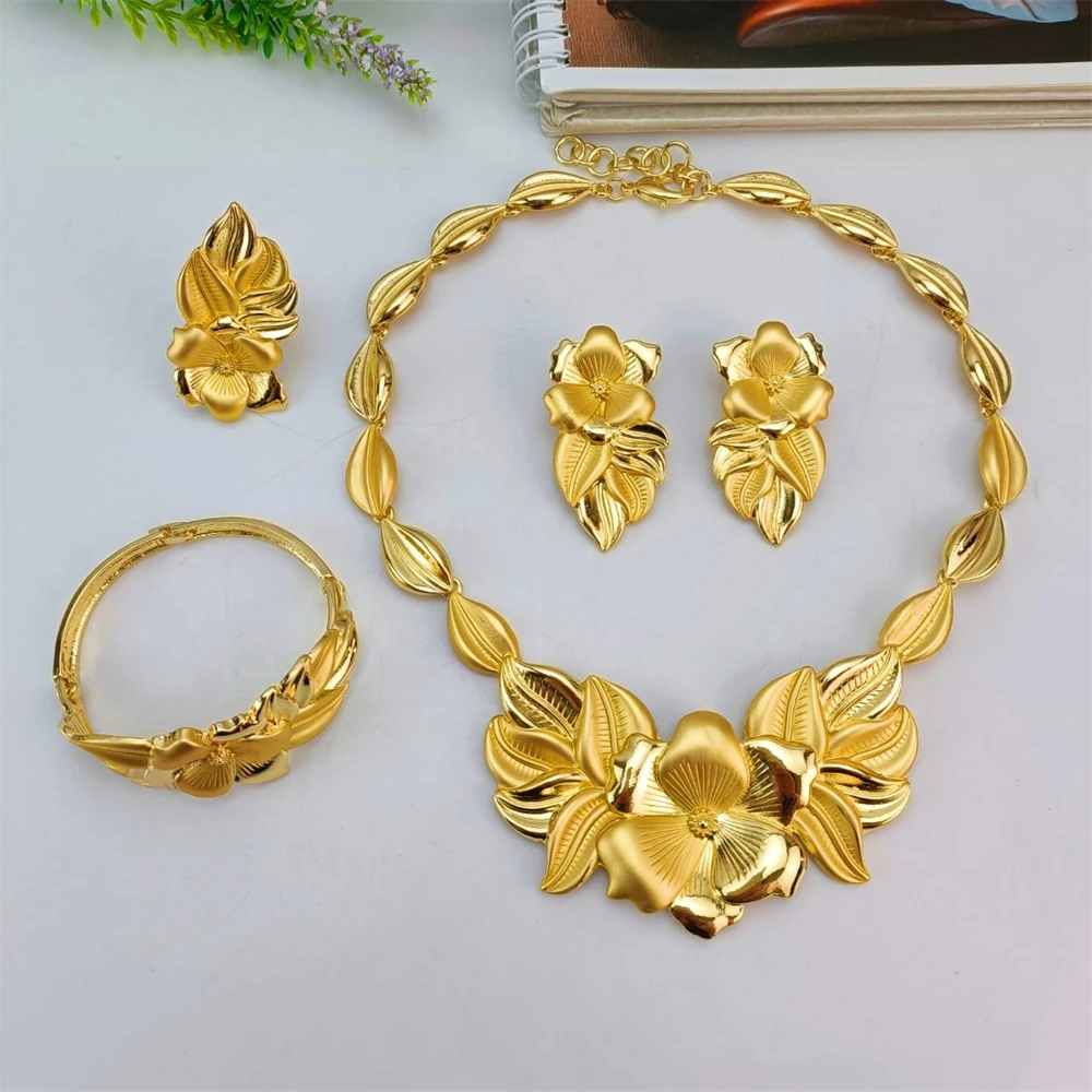 EMMA Dubai Jewelry Set for Women Italian Gold Plated Wedding Bridal Flower Necklace Earrings Bracelet Ring Party Fine Jewelry