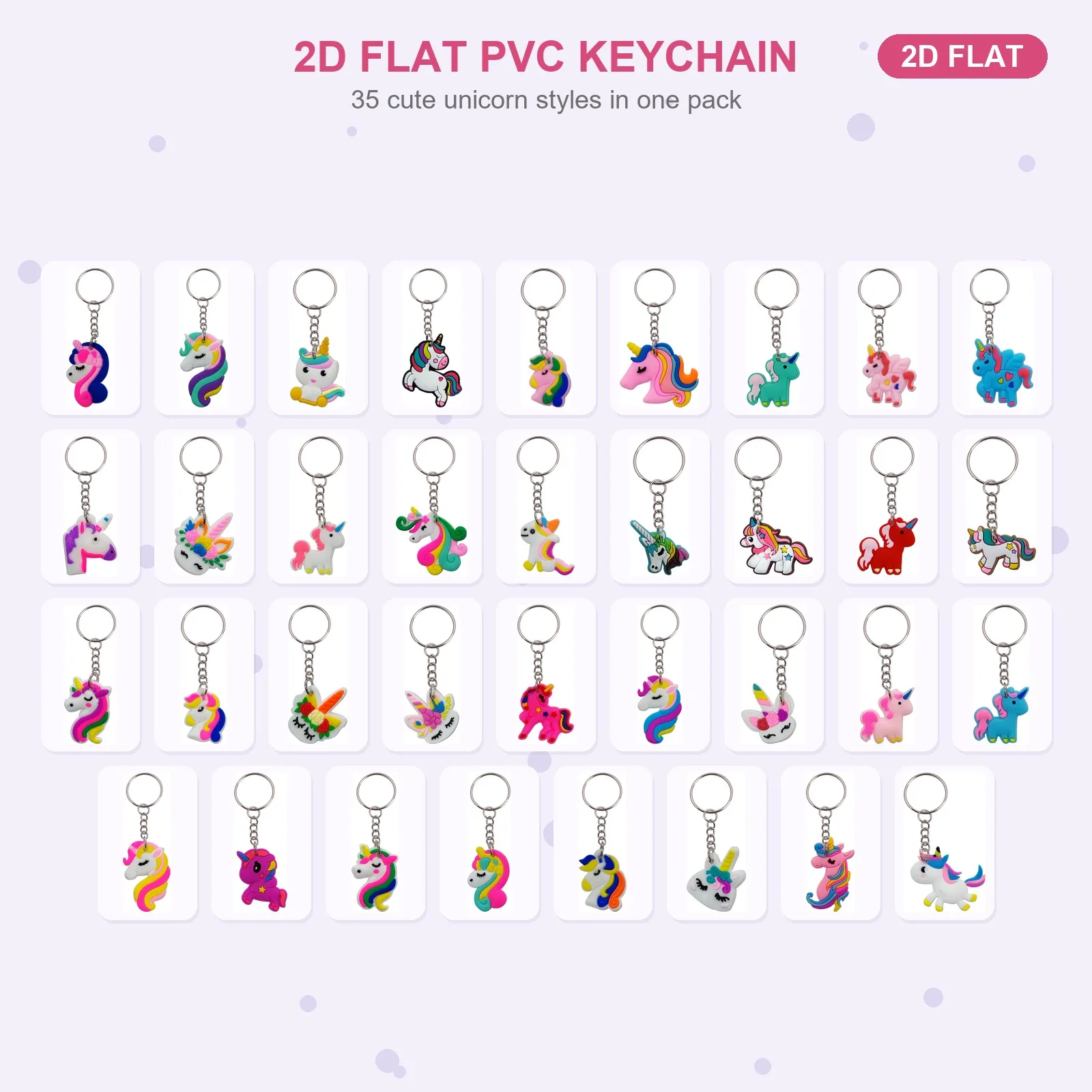 35 Pcs Soft PVC Unicorn Keychain Key Ring, 2D Flat Bag Charm for Girls, Styles Vary, Birthday Gift