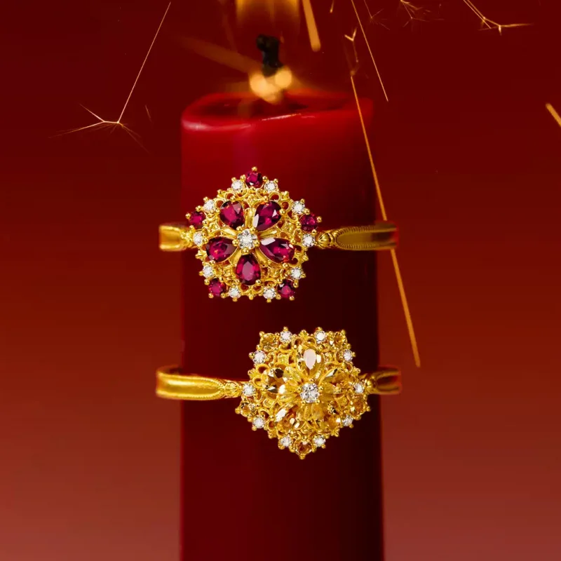 

Luxury 100% Real 24K Gold Small Diamond Snowflake & Orange Blossom Open Adjustable Ring For Women Index Finger