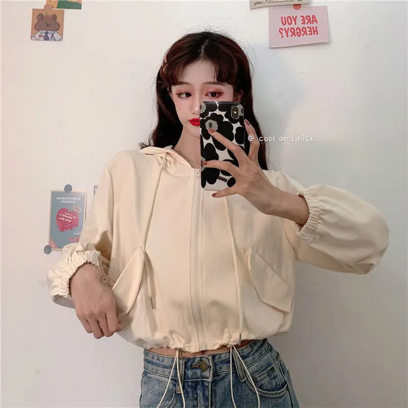 Damskie kurtki basic z daszkiem, krótkie, wiosenne, w stylu preppy, proste, wygodne, codzienne, zapinane na zamek, codzienne, dla nastolatek, uniwersalne, popularne, w stylu koreańskim.