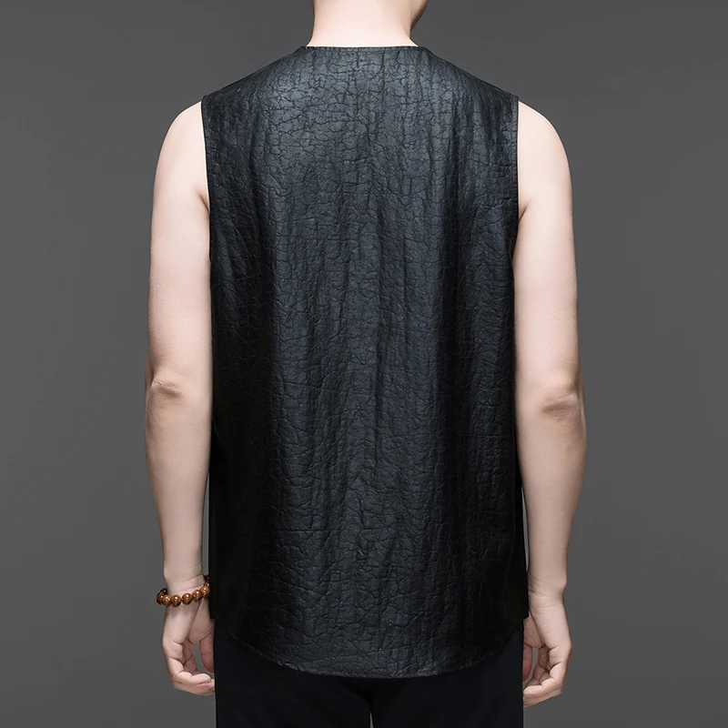Sleeveless Cardigan V-Neck T Shirt For Men Premium Real Silk 100% Summer Quality Lightweight Loose Fit Black Camisetas De Hombre