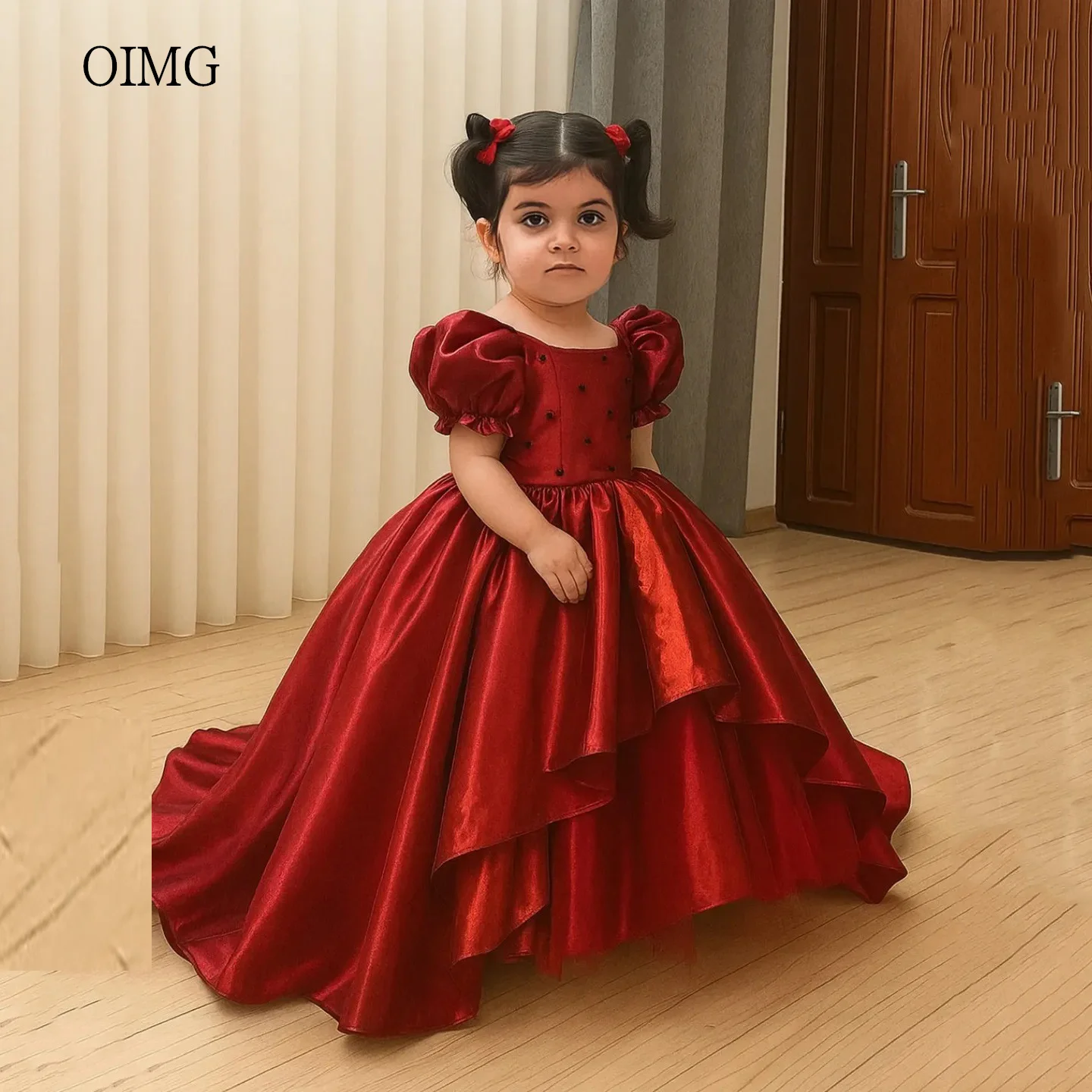 

OIMG Puff Sleeves Red A Line Flower Girl Dresses O Neck Wedding Party Dress Floor Length Birthday Dress 2025 Customized