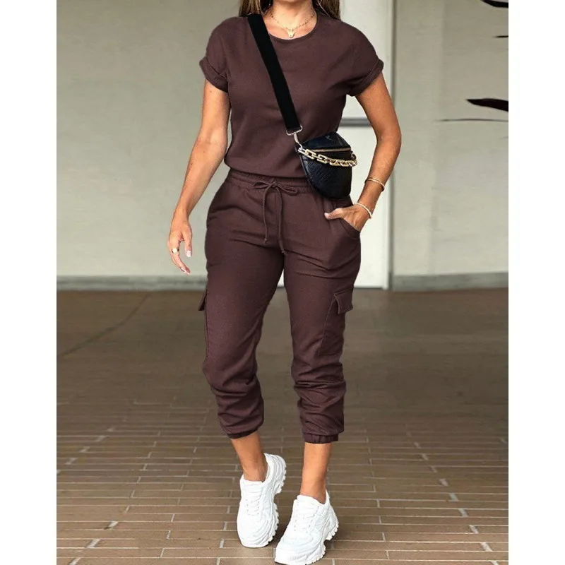 Women Short Sleeve O-Neck T-shirt Top Drawstring Pocket Mid Waist Overalls Suit 2023 Fashion Women Solid Color Loose Sports Suit