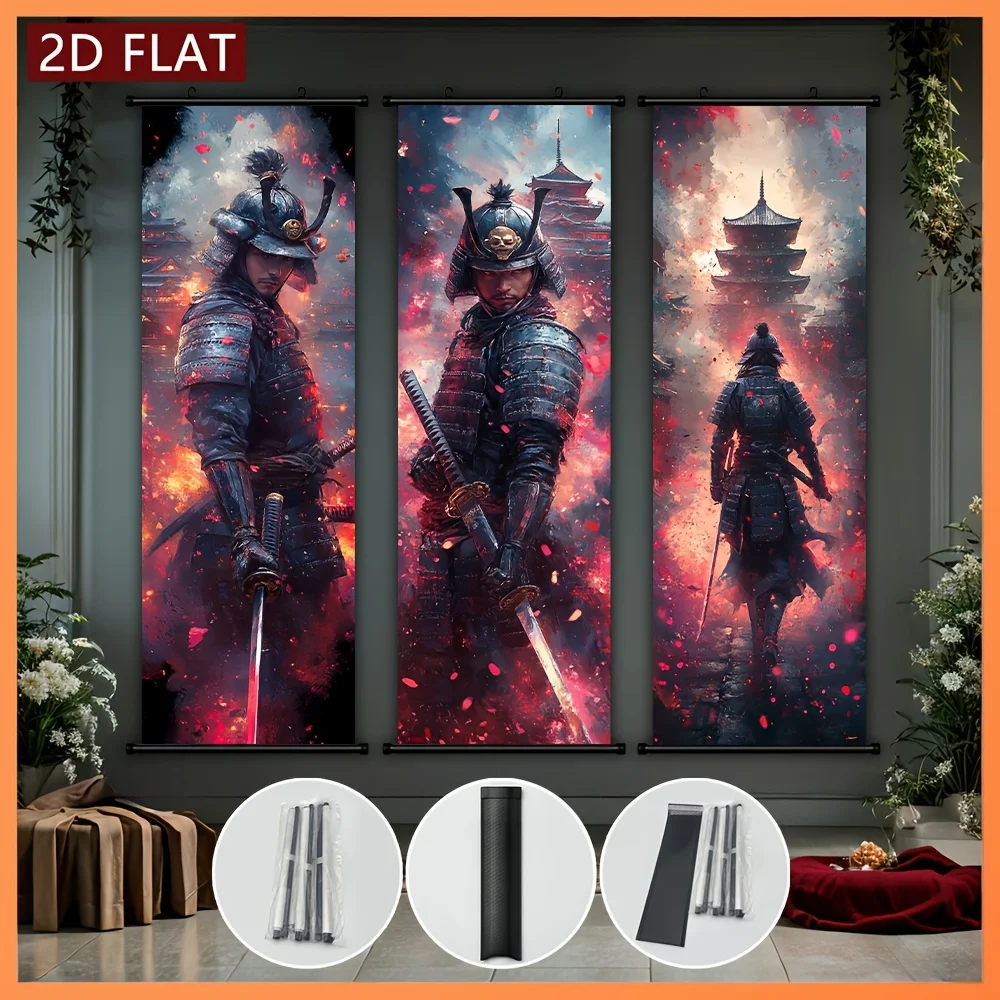 VIKAMA Flame Cherry Blossom Armored Warrior Scroll Tapestry, HD Fade Resistant Wall Hanging Scroll for Japanese Room Decor