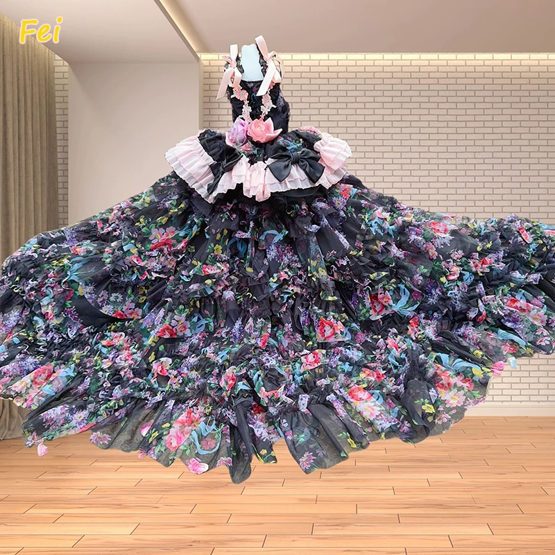 

Princess Dog Dress Photography Outfit Pink Black Rose Floral Long Tail Skirt for Small Medium Dogs Puppy Party Wear Gift