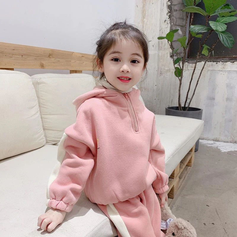 Autumn winter clothing set 2-9 Age girl  plush insulation hooded fashion versatile casual sports jacket /pants new Kids garments