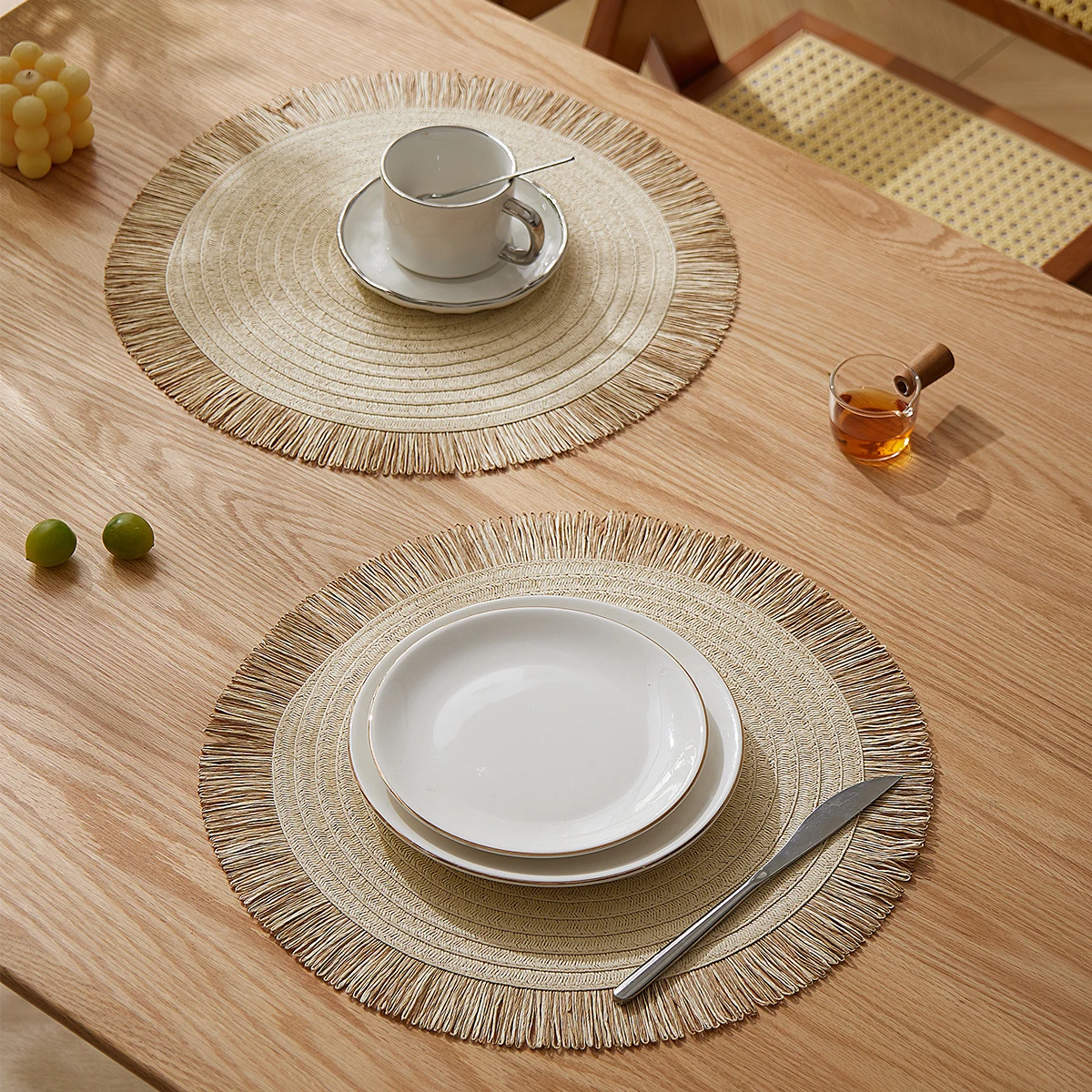 Manteles Individuales tejidos de papel Beige de estilo nórdico, tapete para mesa de taza de café, Mantel Individual de cocina antideslizante, posavasos redondo, decoración del hogar