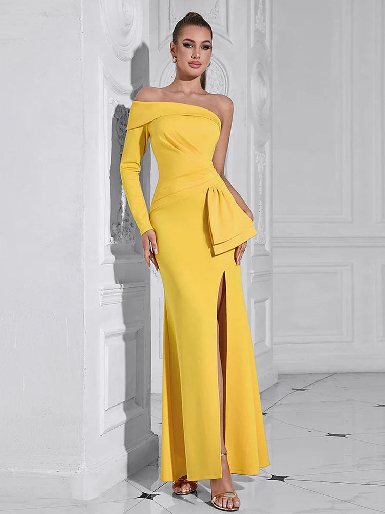 Sexy One Shoulder Draped Split Long Dress Women Yellow Long Sleeve Pleated Design Slim Dresses Elegant Evening Party Cocktail