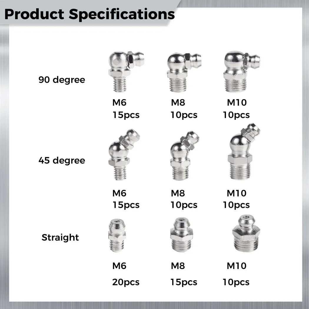그리스 피팅 키트 금속 M6 M8 M10 스트레이트 45 도 90 도 제크 모듬 그리스 니플 피팅 모듬 도금 니켈, 115 개