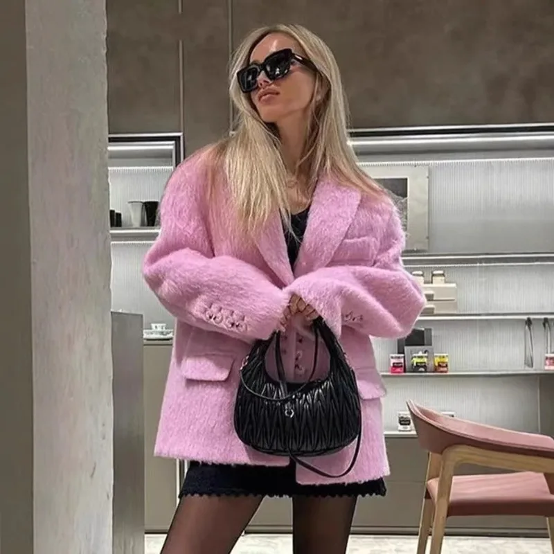 Rose Pink Notched Collar Blazer Jacket Single Breasted Faux Wool Short Suit Coat Offce Lady Elegant Casual 2025 Women Outerwears