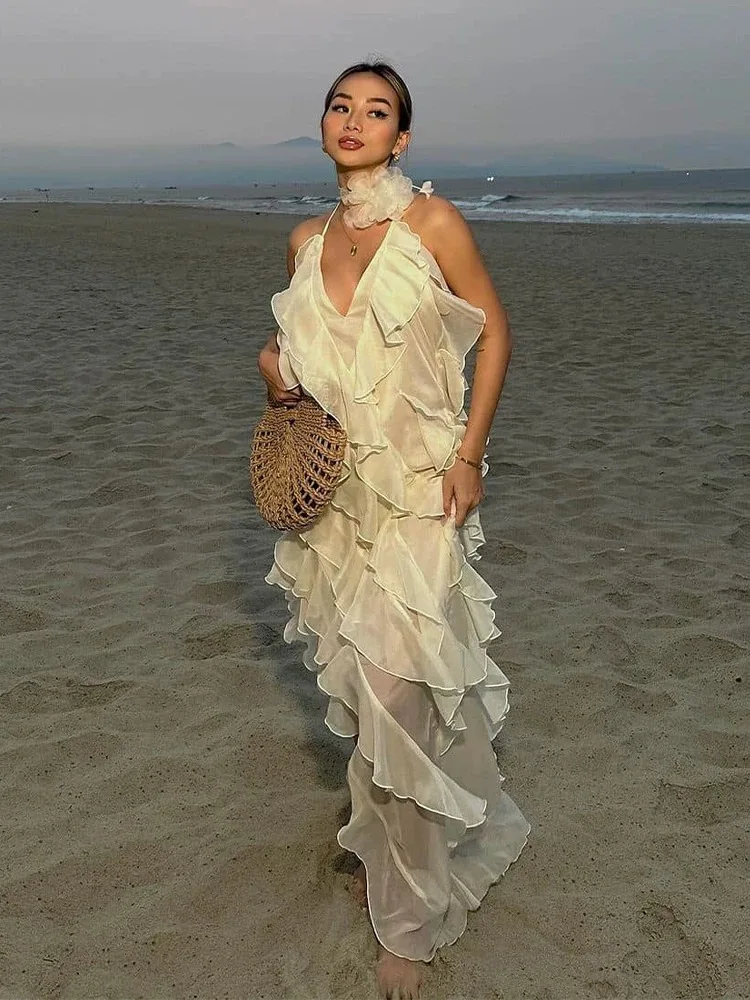 

Women Multi-layer Ruffles Sexy Strapless Halter V-Neck Backless Long Irregular Chiffon Dress