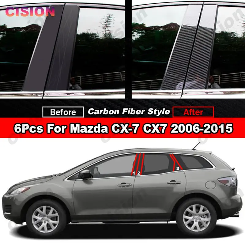 6x Glossy Black Car Door Center B C Pillars Post Cover Mirror Effect Trim For Mazda CX-7 CX7 2006-2015 Window Column PC Sticker